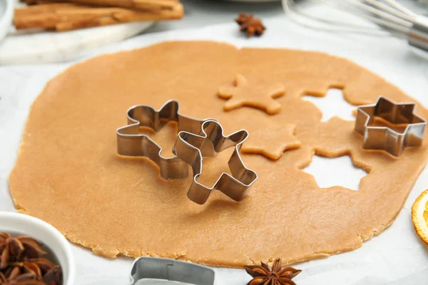 Cookie Cutters Dough White Table Closeup — 图库照片