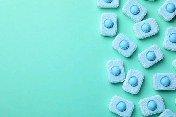 Water Softener Tablets Turquoise Background Flat Lay Space Text — ストック写真