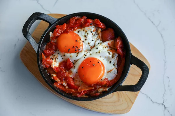 Tasty Shakshouka Served Pan White Marble Table Top View —  Fotos de Stock