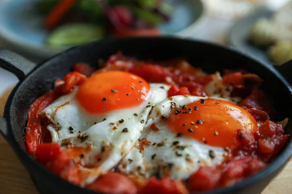 Tasty Shakshouka Served Pan Table Closeup —  Fotos de Stock