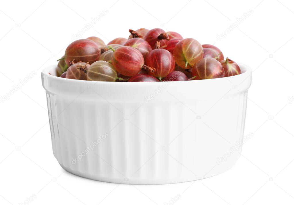 Ceramic bowl full of ripe gooseberries isolated on white