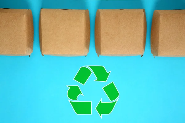 Paper Boxes Recycling Symbol Turquoise Background Flat Lay — 스톡 사진