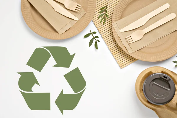 Flat Lay Composition Eco Friendly Products Recycling Symbol White Background — 스톡 사진