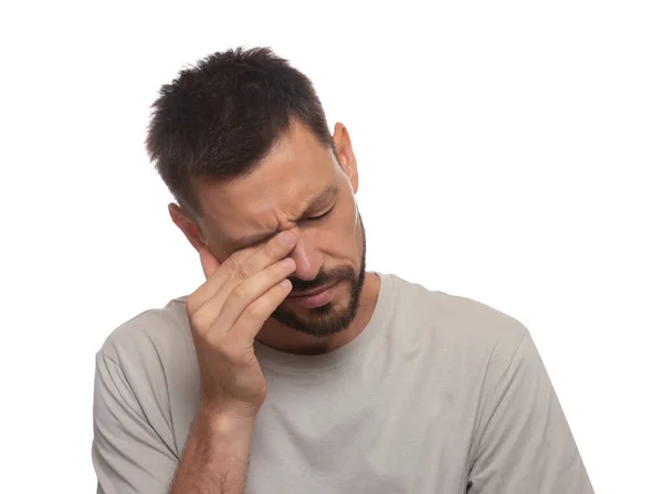Man Suffering Eyestrain White Background — Stockfoto