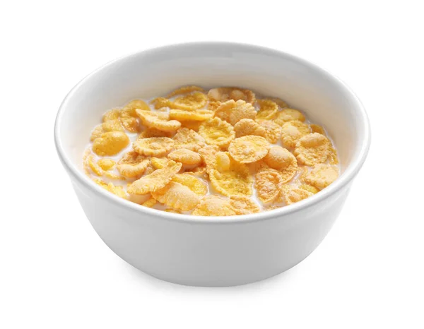 Tasty Corn Flakes Milk Bowl Isolated White — Stockfoto