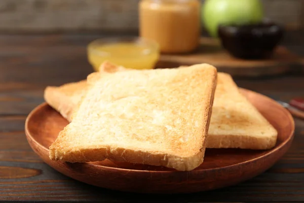 Crispy Toasts Wooden Table Closeup Delicious Breakfast —  Fotos de Stock