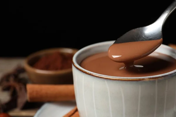 Spoon Yummy Hot Chocolate Cup Closeup Space Text — стоковое фото