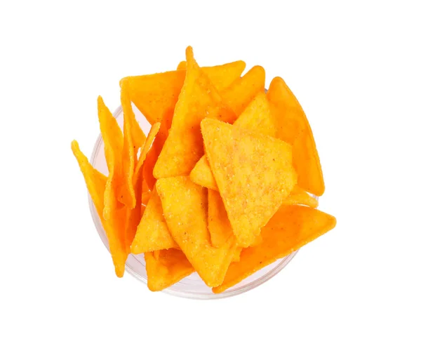 Bowl Ízletes Tortilla Chips Nachos Fehér Háttér Felső Nézet — Stock Fotó