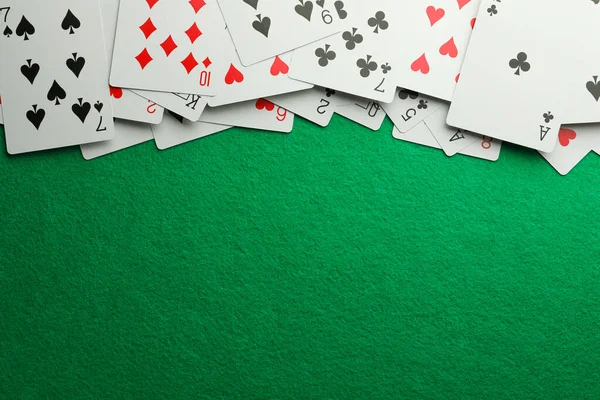 Scattered Playing Cards Green Table Top View Space Text — Foto de Stock