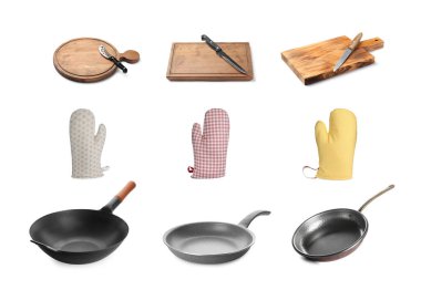 Set with pans, knives with boards and gloves for hot dishes on white background