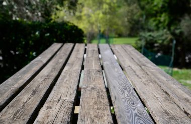 Empty wooden table in park on sunny day, closeup