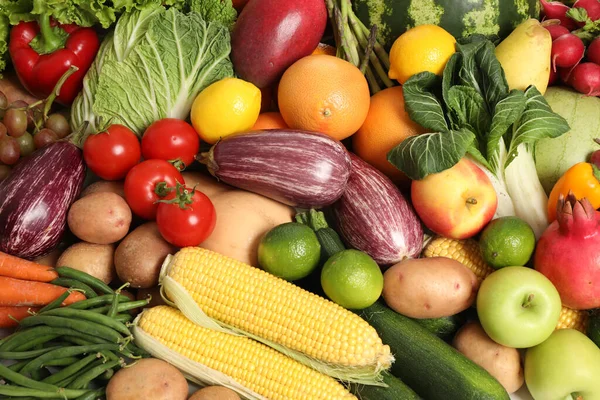 Assortment Fresh Organic Fruits Vegetables Background Top View — Stockfoto