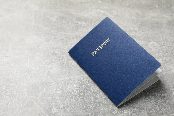 Blank Blue Passport Grey Table Space Text — Fotografia de Stock