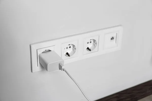 Charger Adapter Plugged Power Socket Indoors Space Text — Fotografia de Stock