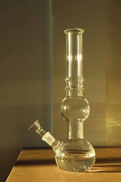 Glass Bong Wooden Table Indoors Smoking Device — Photo