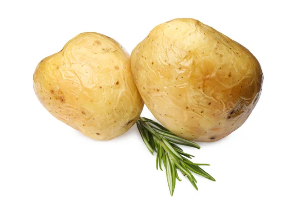 Tasty Whole Baked Potatoes Rosemary White Background — Fotografia de Stock