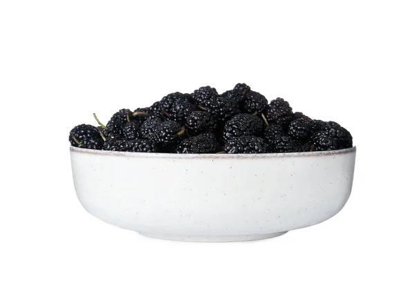 Bowl Delicious Ripe Black Mulberries Isolated White — Foto de Stock