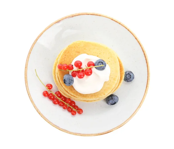 Tasty Pancakes Natural Yogurt Blueberries Red Currants White Background Top — Stok Foto