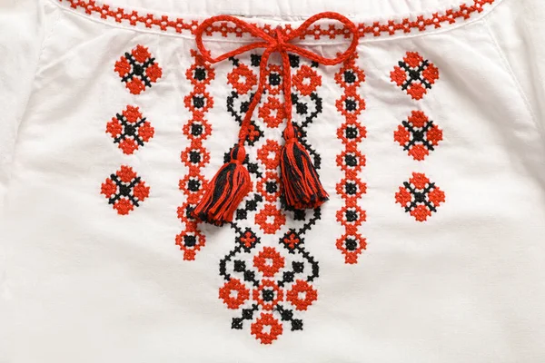 Beautiful White Shirt Red Ukrainian National Embroidery Top View — Φωτογραφία Αρχείου