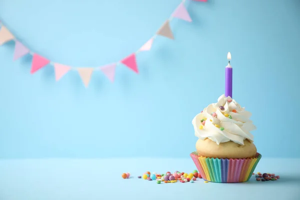 Delicious Birthday Cupcake Candle Light Blue Background Space Text — Stock Photo, Image