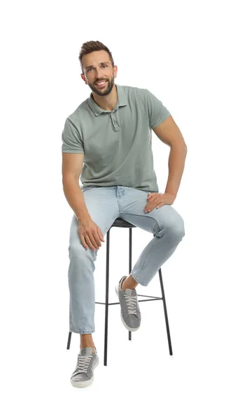 Handsome Man Sitting Stool White Background — Stock Photo, Image