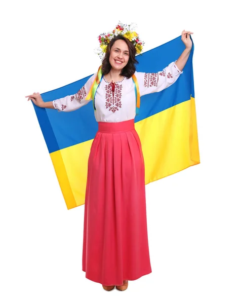 Szczęśliwa Kobieta Narodowej Odzieży Flagą Ukrainy Białym Tle — Zdjęcie stockowe