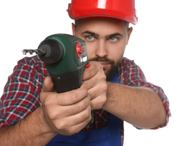 Young Worker Uniform Power Drill White Background Focus Tool — Photo
