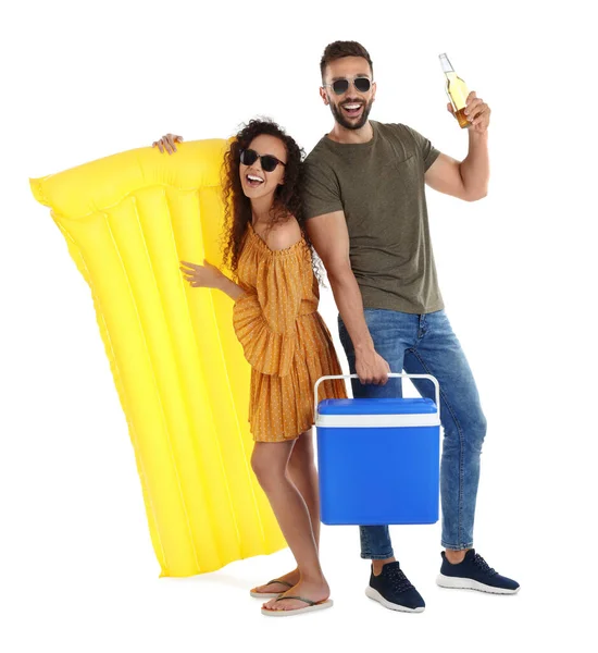 Happy Couple Cool Box Inflatable Mattress Bottle Beer White Background — Fotografia de Stock