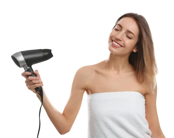 Beautiful Young Woman Using Hair Dryer White Background — Stock Photo, Image