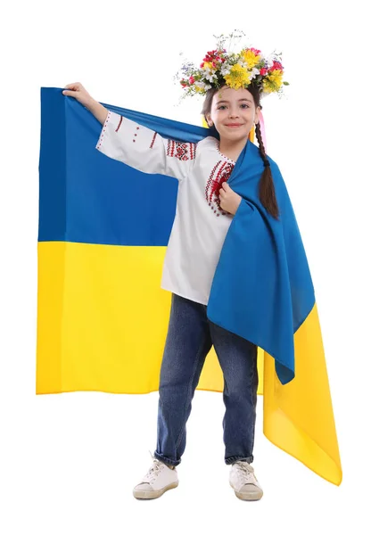 Klein Meisje Nationale Kleding Met Vlag Van Oekraïne Witte Achtergrond — Stockfoto