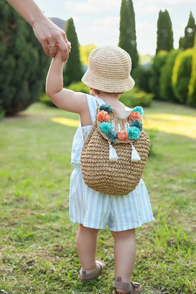 Cute Little Girl Stylish Clothes Holding Mother Hand Outdoors Sunny — Stok fotoğraf