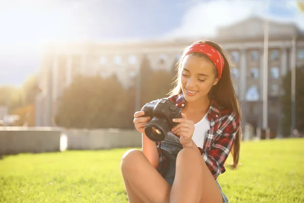 Young Photographer Professional Camera Green Grass Outdoors Space Text — Foto de Stock