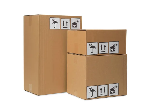 Many Closed Cardboard Boxes Packaging Symbols White Background Delivery Service — Stockfoto