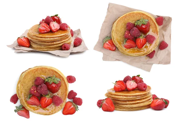 Set Tasty Pancakes Fresh Berries Honey White Background — Photo