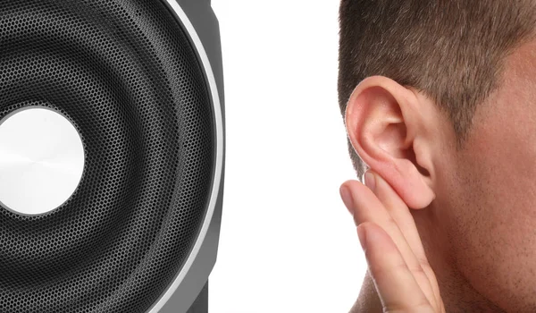 Modern Audio Speaker Man White Background Closeup View Ear — Photo