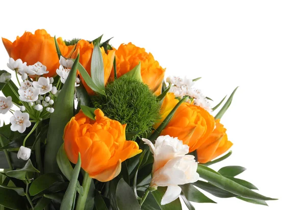 Beautiful bouquet with orange peony tulips on white background, closeup
