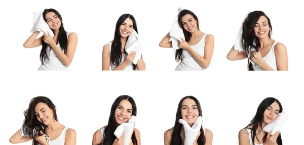 Collage Photos Beautiful Woman Soft Towels White Background Banner Design — Stock Fotó