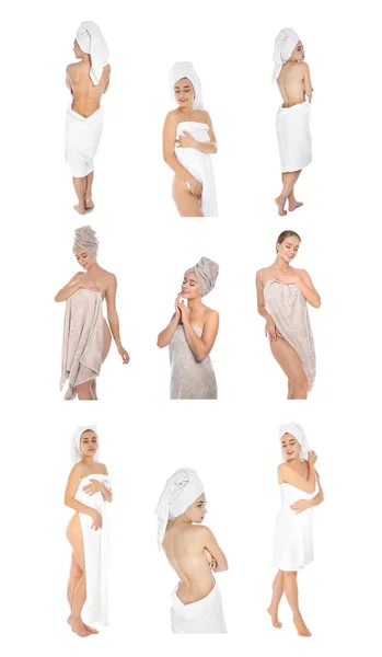 Collage Photos Beautiful Women Soft Towels White Background Vertical Banner — стоковое фото