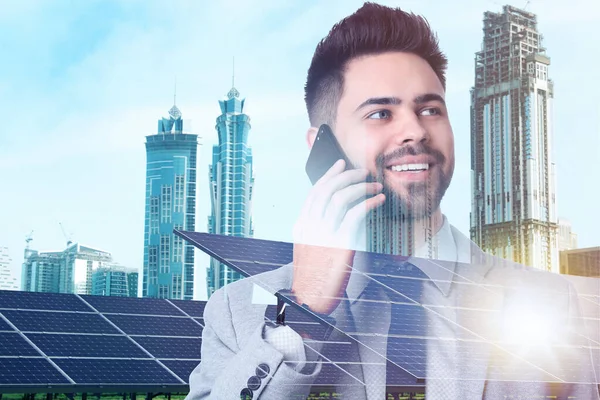 Double Exposure Businessman Smartphone Solar Panels Installed Outdoors Alternative Energy — Stockfoto