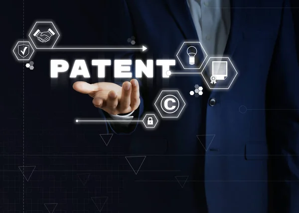 Patent Concept Different Virtual Icons Man Dark Background Closeup — 스톡 사진