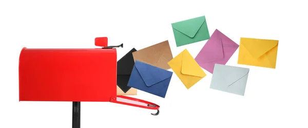 Different Color Envelopes Flying Out Red Letter Box White Background — Fotografia de Stock