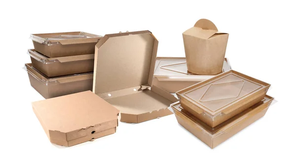 Set Different Cardboard Boxes Containers Food White Background — стоковое фото
