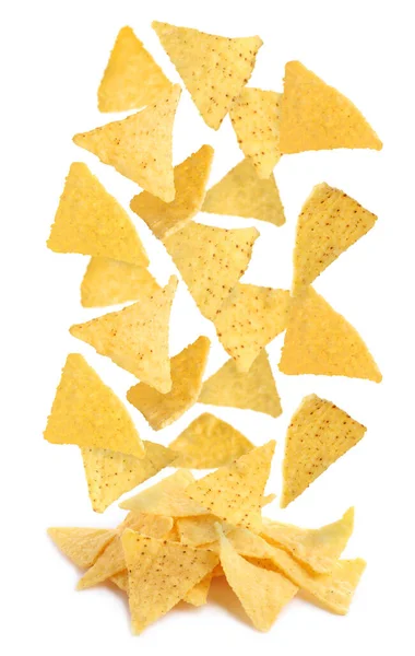 Tasty Tortilla Chips Nachos Falling Pile White Background — Stock Photo, Image