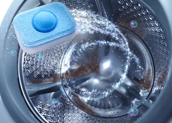 Water Softener Tablet Washing Machine Drum Closeup — Stockfoto