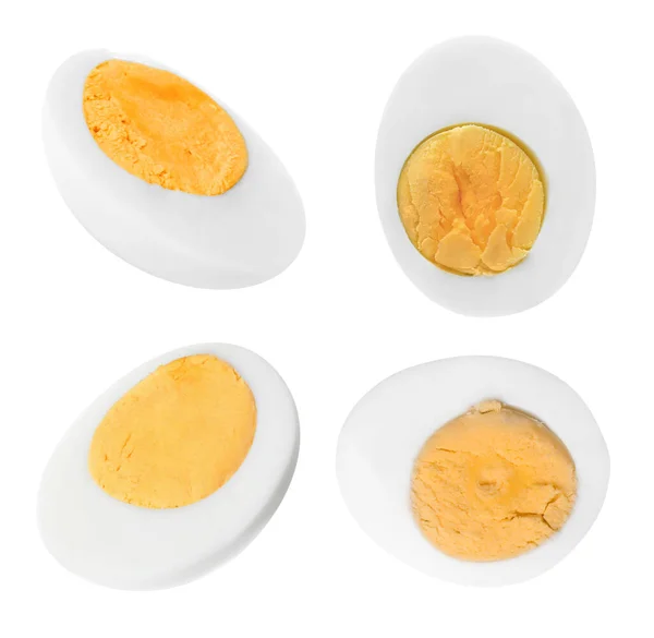 Set Tasty Hard Boiled Eggs White Background — Zdjęcie stockowe
