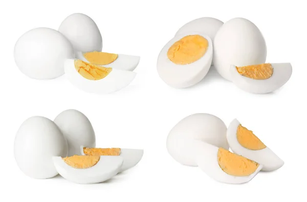 Set Tasty Hard Boiled Eggs White Background —  Fotos de Stock