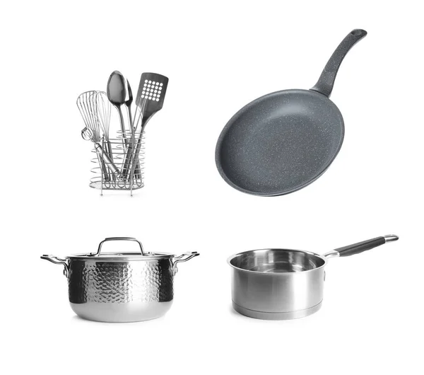 Set Pan Cookware Kitchen Utensils White Background — Stockfoto