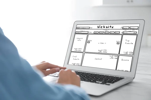 Designer Creating Website Laptop White Table Closeup — 图库照片