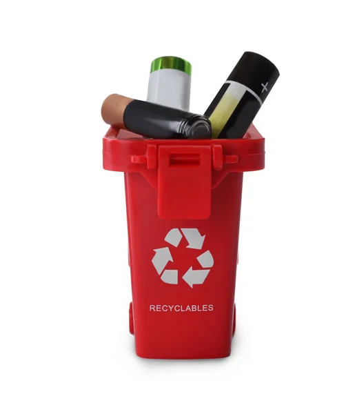 Used Batteries Recycling Bin White Background — Stockfoto