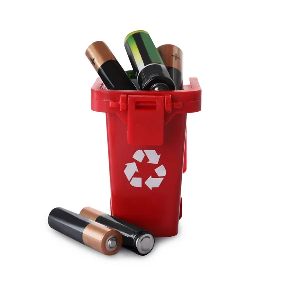 Used Batteries Recycling Bin White Background — стоковое фото